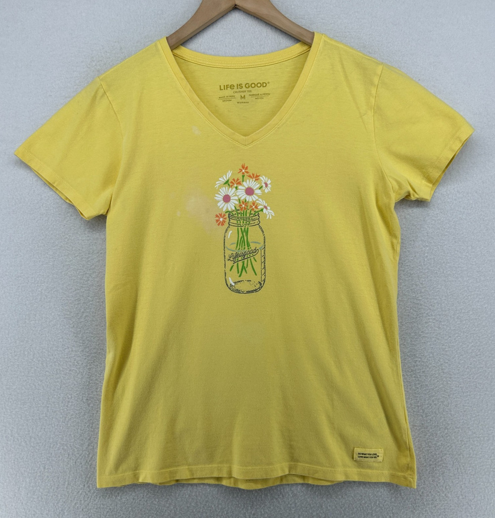 LIFE IS GOOD Top Women M Daisy Mason Flower Jar Crusher Tee Cotton Yellow